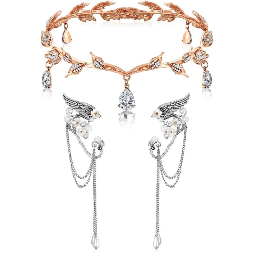 Fairy Costume Crown Headpiece Elf Ears Cuffs Rhinestone Leaf Elven Tiara For✨